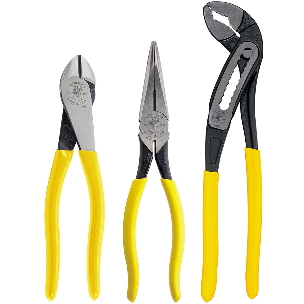 Klein Tools 92918 3-Piece Plier Set, Multi-Purpose, 10-Inch Classic Klaw Tongue and Groove Pump Pliers, 8-Inch Needle Nose and Diagonal Cutting Pliers