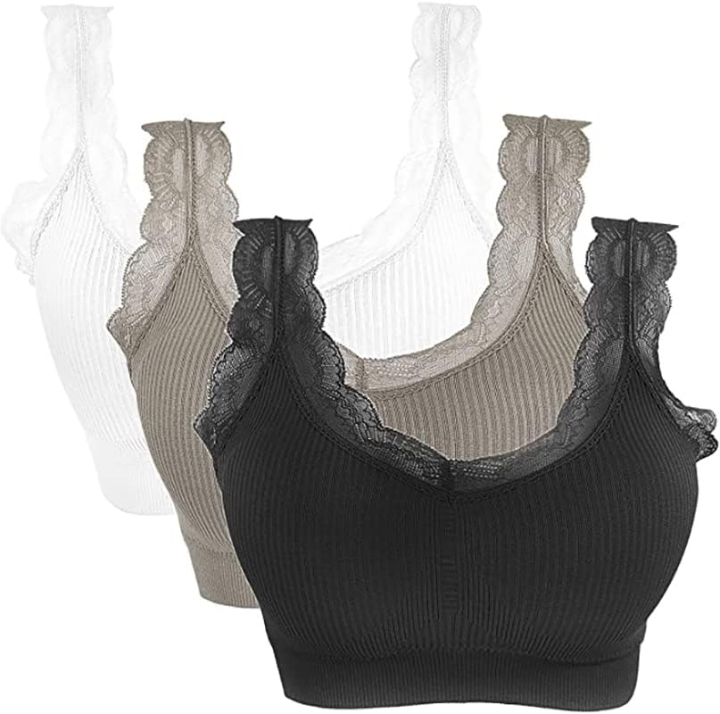 Doubyan 3 Pack Lace Sports Bra Women's Padded Breathable Bra Push Up Vest Yoga Running Seamless (Black+White+Gray)