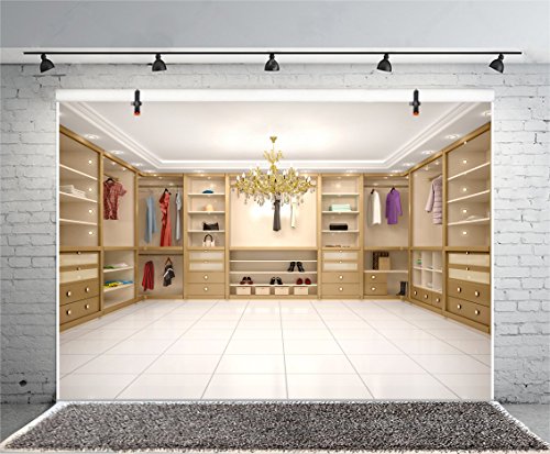 Leyiyi 5x3ft Photography Background Cloakroom Backdrop Modern Dreesing Room Wooden Furniture Locker Clothes Shop Crystal Chandeliers Closet Villa Vlogger Blog Photo Portrait Vinyl Studio Video Prop