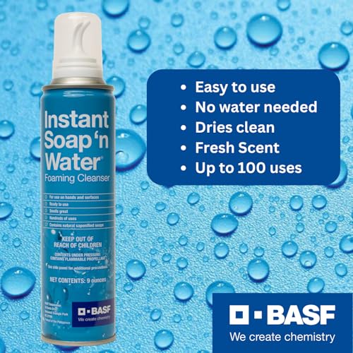 BASF Instant Soap 'n Water, Foaming Hand Cleanser, Ready to Use No Rinse Subtle Scent Skin Cleaner, On the Go, Home, Work, Travel, Up to 100 Washes, 9 oz
