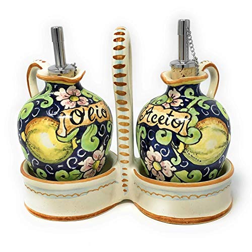 CERAMICHE D'ARTE PARRINI - Italian Ceramic Set Oil Cruet Vinegar Art Pottery Hand Painted Made in ITALY Tuscan