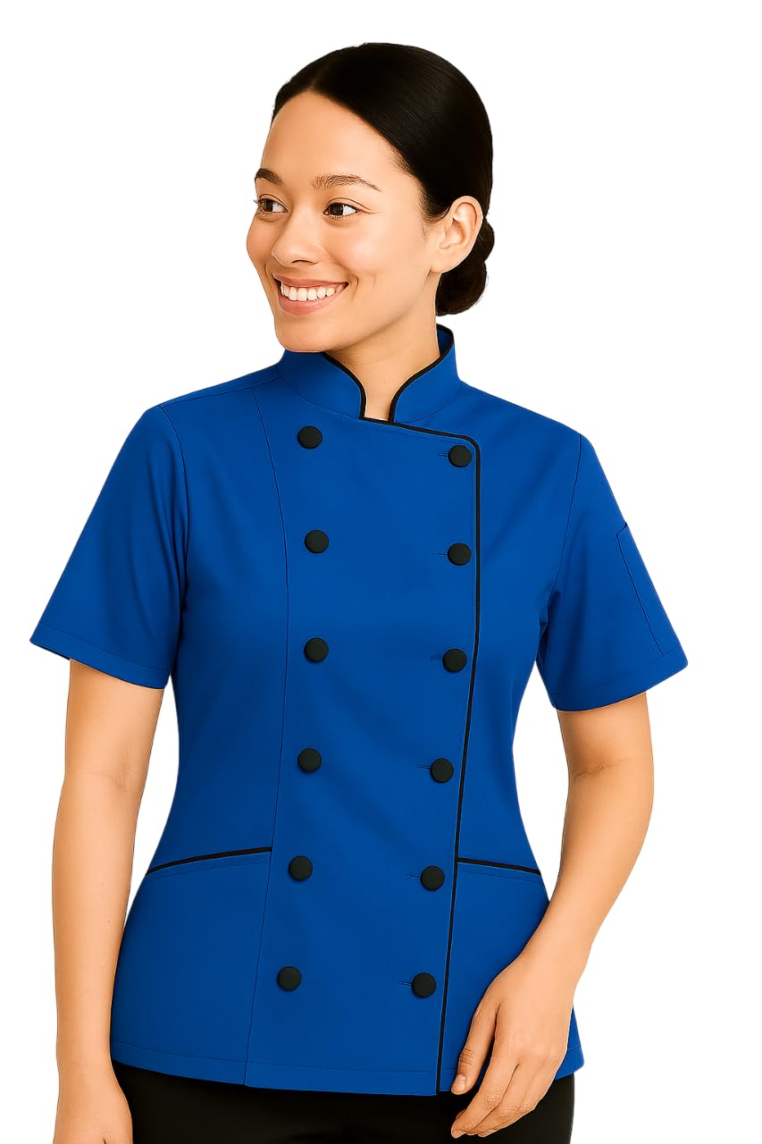 Short Sleeves Tailored Fit Chef Coat Jacket Uniform for Women for Food Service, Caterers, Bakers and Culinary Professional, Royal Blue, S