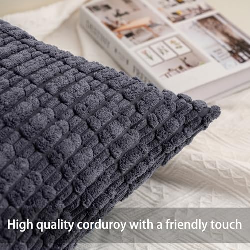 Image of Pack of 2 Corduroy Decorative Throw Pillow Covers 24x24 Inch, Dark Grey | Fall Soft Striped Pillow Covers Modern Farmhouse Home Decor Christmas Throw Pillow Covers for Sofa Living Room Couch Bed