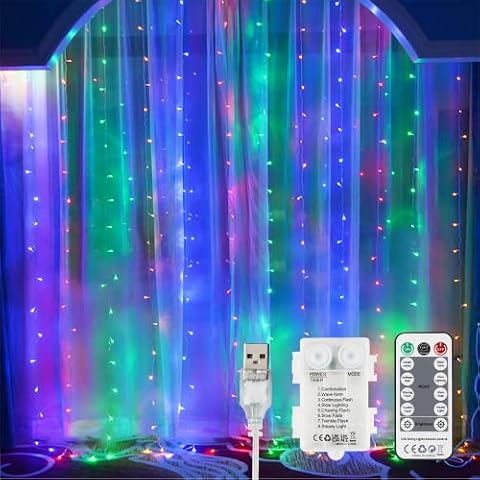 YEOLEH String Lights Curtain, USB or Battery Operated LED Fairy Lights for Bedroom Party Wedding Outdoor Wall BBQ Party Hallo ween Decorations (Multi-Colored,7.9Ft x 5.9Ft) Cover