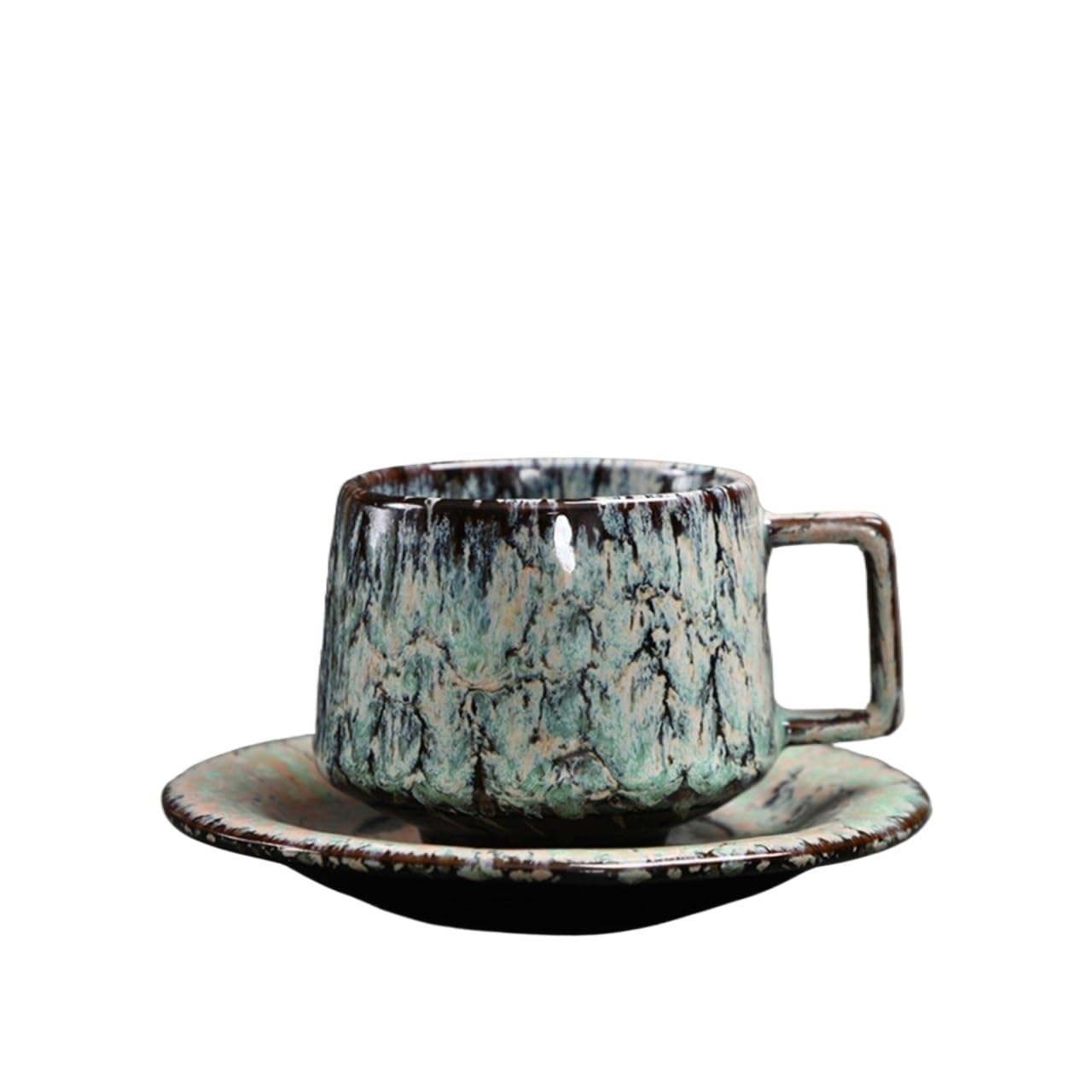 LIBANGRONG-888 Mugs Coffee Cup and Saucer Green Set Ceramic Retro Stoneware Mug Milk Tea Cup