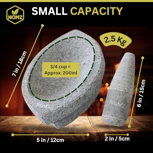 Image of NOMZ Stone Mortar and Pestle Set (Kalvam) 7 Inch Boat Shape, 2.5 Kg, 3 /4 Cup | Handmade Silbatta for Chutney and Masala | Heavy Duty Khalbatta with Anti-Skid Base
