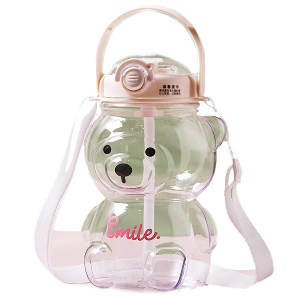 Abbdbd 1000ml Large Kawaii Bear Shaped Water Bottle with Straw and Strap Cute Portable Bear Drinks Bottle for Daily Sports Working