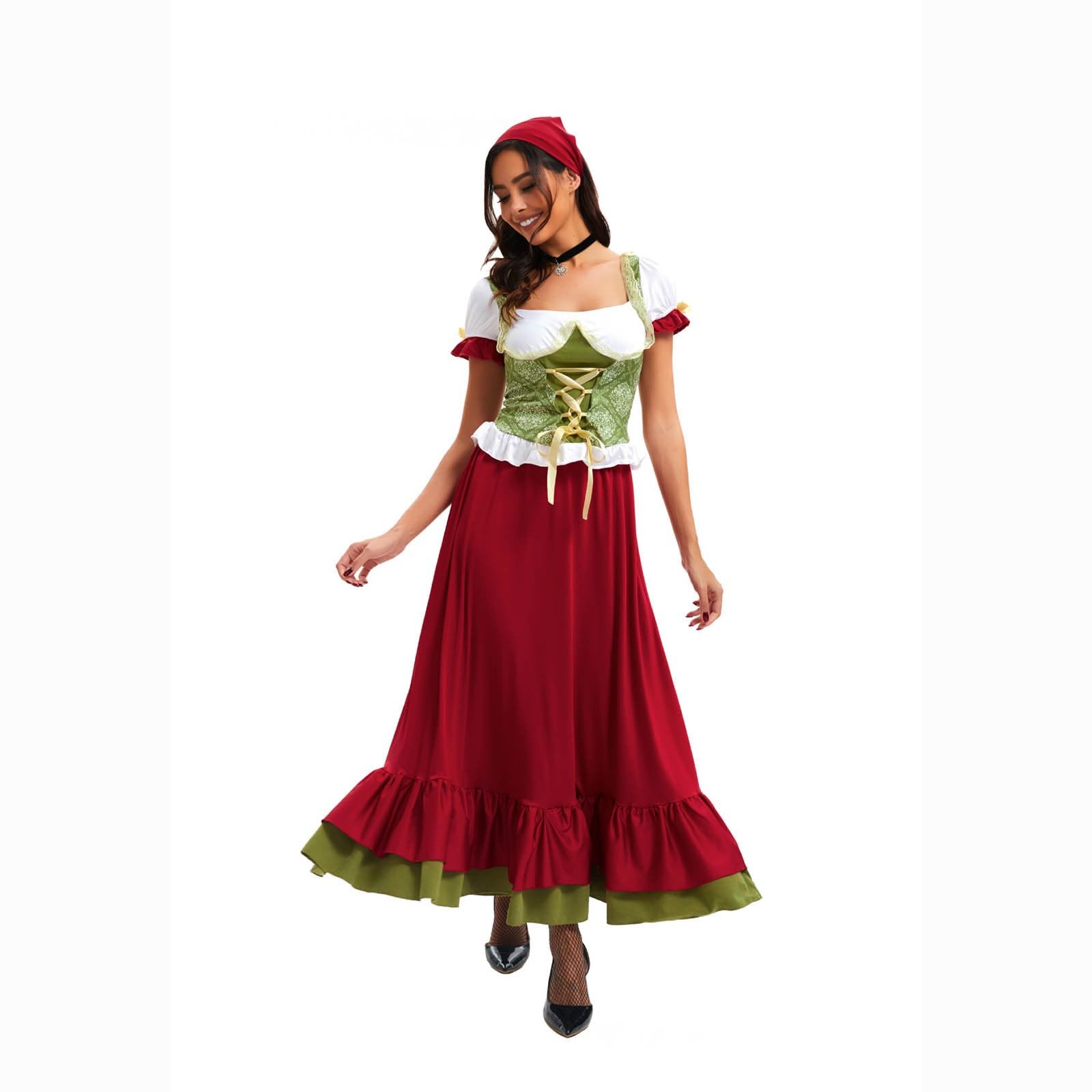 Dirndl Rot Damen Lang Dirndl Kleid Kurzarm Dirndlbluse,Schleife,Haarreif,Gürtel 5 Teilig Dirndl-Komplettsets Trachten Trachtenrock Trachtenkleid Festliches Wiesn Outfit Für Oktoberfest Karneval
