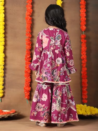 Image of superminis Girls Cotton Floral Printed Gotta Work Full Sleeves Kurti and Matching Sharara Ethnic Wear Set
