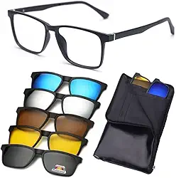 Armação De Óculos para Grau Masculino, Mais 5 Clip On Óculos De Sol, Troca as Lentes, Proteção UV, Cinza Polarizado, Amarelo Noturno, Quadrado Redondo Retangular