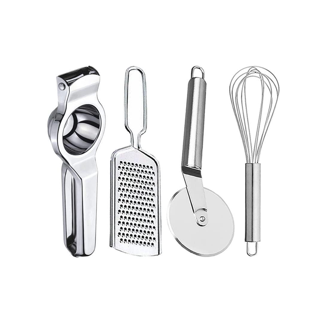 Oc9 Stainless Steel Lemon Squeezer/Hand Juicer & Pizza Cutter/Slicer & Egg Whisk/Egg Beater & Cheese Grater/Coconut Grater for Kitchen Silver (Pack of 4)