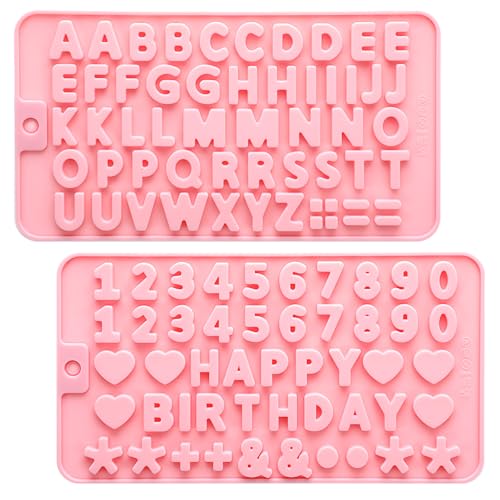 XLIUAX 2 moldes de silicona para letras y números, moldes para hornear dulces de chocolate del alfabeto con símbolos de decoración de pastel de feliz cumpleaños para hacer chocolates y fiestas de