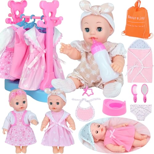 Besurejoy 12'' Reborn Baby Doll Playset with Clothes Hanger Rack,4 Outfits, Swaddle Blanket Bib Diaper Pacifier Feeding Bottle Dress Backpack and Accessories.17 PCS Pretend Play Toy Girl Kids Gift Set