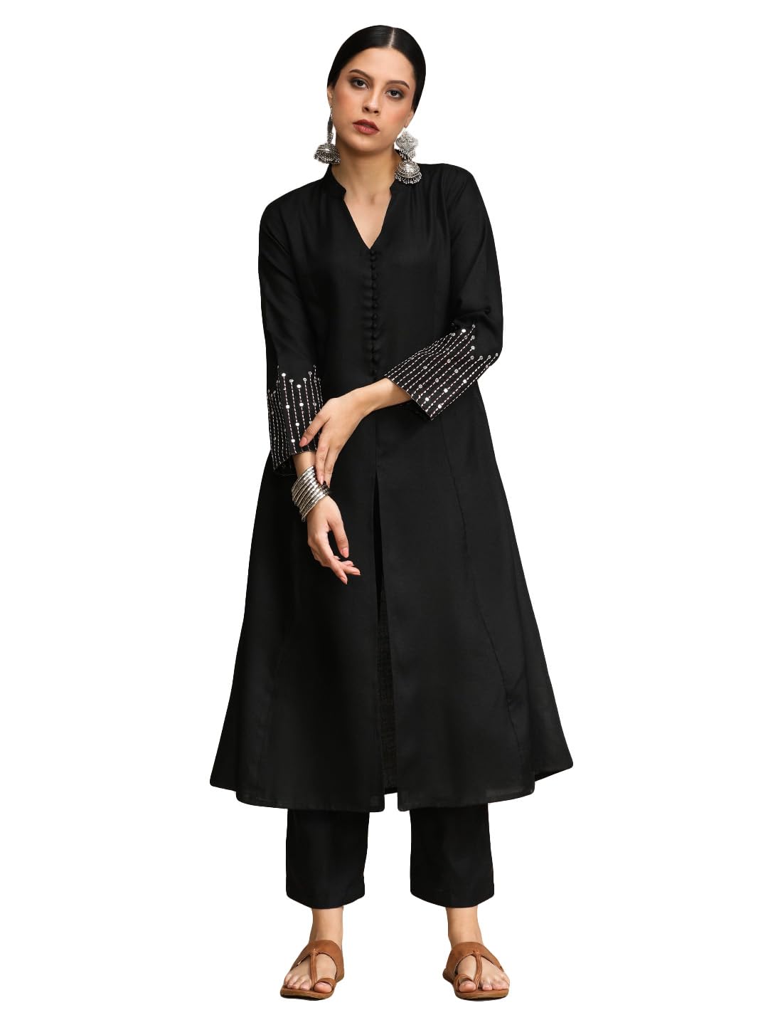 Varanga Black Mandarin Witn V Neck Anarkali Front Slit Detailing With Trouser