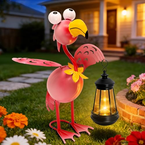 Solar Garden Lights Flamingo Statue with Solar Lantern Flamingo Decor Fairy Accessories Mothers Day Birthday Gifts for Women Mom Grandma Big Metal Decorative Stakes for Home Patio Porch Yard Art