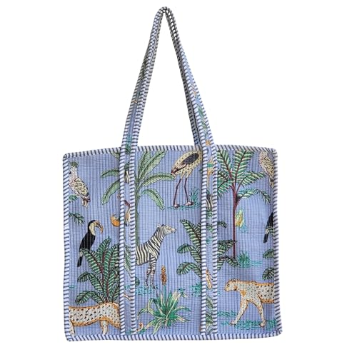 Image of 100% Cotton Jungle Print Shoulder Bag Tote Bag Women Reversible Shopping Bag and Grocery Bags Stylish Travel Bag Gift for Her
