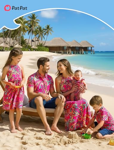 Image of PATPAT Family Hawaiian Matching Outfits - Mommy and Me Vacation Outfits | Halter Sundresses and Button Down Shirts,Caribbean Vacation Summer Tropical Outfits,Hawaiian Boho Tropical Floral Printed