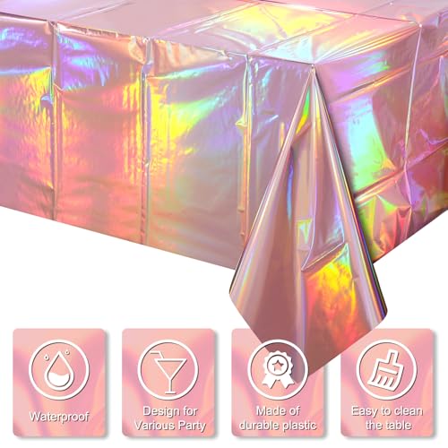 Image of 3 Pack Rose Gold Plastic Tablecloth, Disposable Rectangle Table Covers, Holographic Metallic Foil Tablecloth Pink Party Supplies Decorations for Birthday Wedding Anniversary Bridal Shower, 54x108Inch