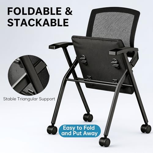 Image of [4 Pack] Folding Office Chair on Wheels, Heavy Duty Conference Chair | Nesting Training Chairs, Breathable Mesh Back, Lumbar Support, Padded Seat, Classroom, Guest Reception, WFH, Meeting Seating