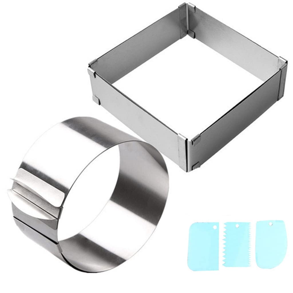 Xinsheinelry Mousse Circles Adjustable Stainless Steel Square & Round Retractable Baking Cake Molds for Home Cake Shop Mousse Mold