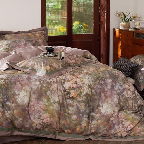 VM VOUGEMARKET Garden Flower Duvet Cover Set Queen,3 Pieces Pink Floral Duvet Cover with 2 Pillow Shams Smooth Silky Long Staple Cotton Bedding Set-Queen,90x90 Inch