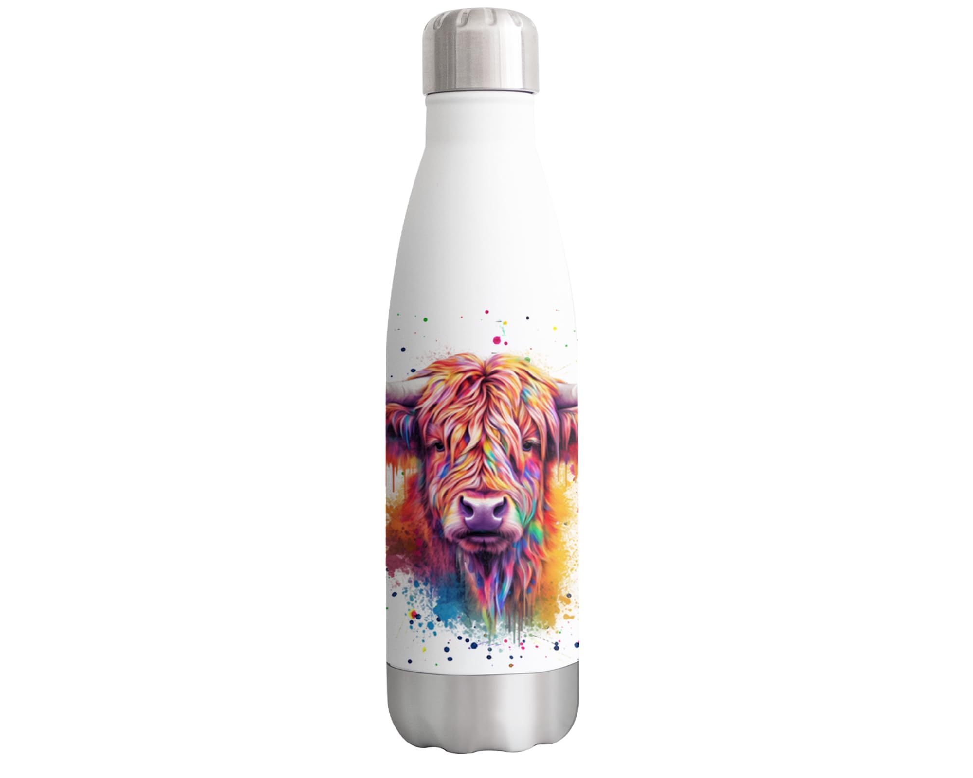 Vixar White With Print Highland Cow Scottish Farm Animals Watercolour Bottle Double Wall Insulated Stainless Steel Sport Drinks 500Ml Hc4