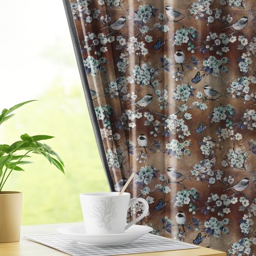 Image of LINENWALAS Printed Blackout Curtains for 5 Feet Window | Set of 2 | Charming Bird & Floral Drapes | Thermal Insulated, Room Darkening Panels with Grommet Hanging for Living Room (Brown Blossom)