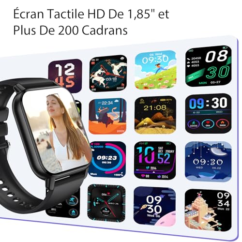 Montre Connectée Homme Femme, 1.85" HD Écran Tactile Smartwatch Avec Appels Bluetooth , 112+ Sportifs Modes Montre, Montre Sport de Surveiller Cardio, Podometre et Sommeil pour Android iOS Noir – Image 6