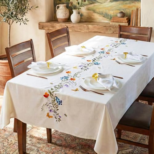 Image of Embroidered Cotton Tablecloth, Flutter Bloom, 60 x 108 in | Premium heavyweight chambray cotton, all-over embroidery, 6-8-seater rectangle, machine washable, elegant dining and hosting