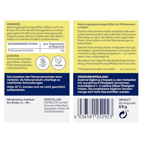 Zirkulin Flohsamenschalen (80 Kapseln) - fördert die Verdauung & Darmgesundheit - Geschmacksneutral - Unterstützen eine ballaststoffreiche & gesunde Ernährung - Sehr gut Quellfähig
