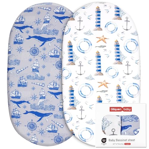 Image of Gllquen Baby Bassinet Crib Sheets Set, Breathable Cozy Fitted Mattress Sheet, Elastic Travel Crib Fashionable Floral Pattern, Standard Cradle Safe Sheets for Baby Boy Girls 32"X16" (Ocean)
