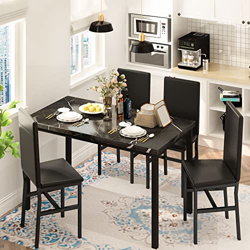 Hooseng Dining Table Set For 4- Space Saving Kitchen Table And Chairs For 4, Modern Style Faux Marble Tabletop & 4 Pu Leather Chairs, Perfect For Dining Room, Kitchen, Breakfast Corner Small Spaces #TOP2