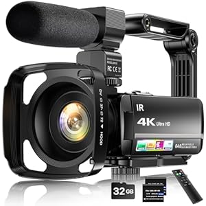 4K Video Camera Camcorder 64MP Vlogging Camera for YouTube 3.0″ Touch Screen 18X Digital Zoom IR Night Vision with External Stereo Microphone,Remote,Lens Hood,Handheld Stabilizer,32G Card &2 Batteries