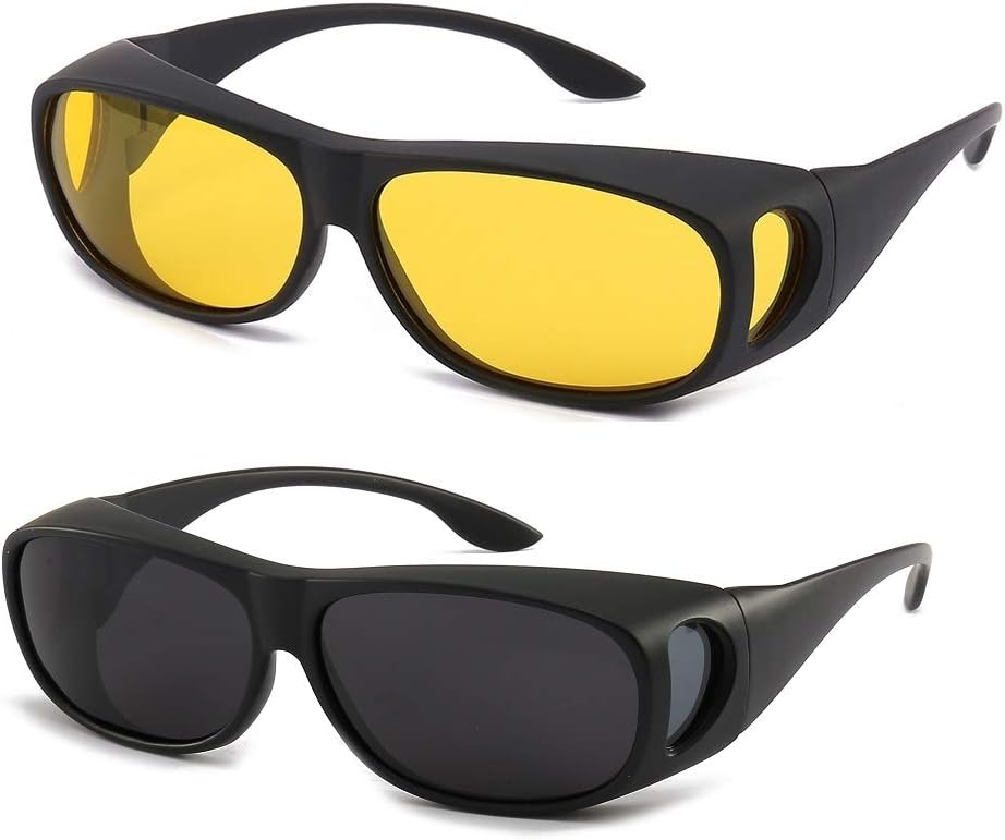2PCS Prescription Glasses Optic HD Night Day Driving Wrap Around Anti Glare Sunglasses Fitover Glasses