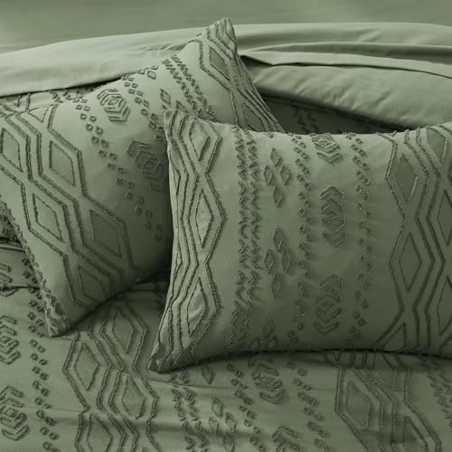 Image of AMBERSPACE Queen Comforter Set Olive Green, Tufted Farmhouse Bedding Boho Bed Set, All Season 7 Pieces Bed in a Bag with Sheets, Pillowcases & Shams