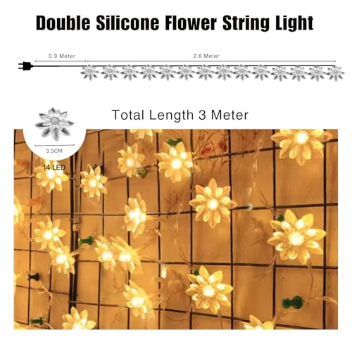 Image of One94Store 14 LED 3 Meter Double Silicone Flower String Light Lotus Fairy Light for Home Decoration, Indoor Outdoor Decoration Waterproof Flower Light for Diwali, Christmas (Warm White, Pack of 3)