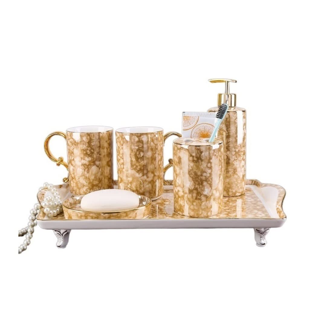 Badezimmer Set Badezimmer-Zubehör-Set, Seifenspender Aus Keramik, Nachfüllbare Lotion-Flüssigseifenpumpe Dekoration Organizer(D,5Pieces+Tray)