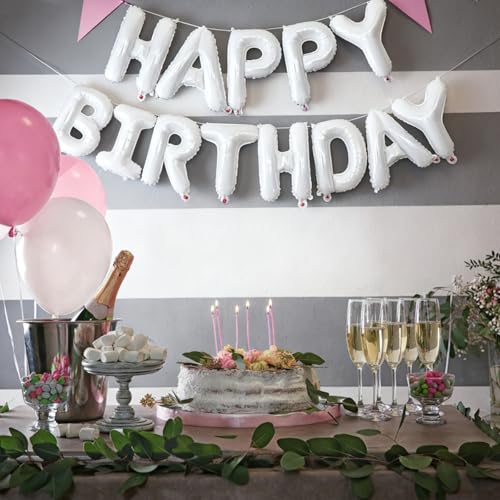Image of White Happy Birthday Balloon Banner 16 Inch - White Birthday Decorations Happy Birthday Sign Reusable Foil Letters Balloons Suitable for Men, Women Party Decorations,Birthday Decor Party Supplies