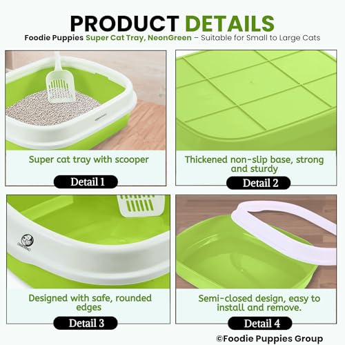 Image of Foodie Puppies Cat Litter Box Tray with Rim and Scooper - (Neon Green) (Large, 46 x 38 x 13 cm) | Semi-Closed Design and Durable Quality | Pet Litter Sand Tray Suitable for All Adult Cats & Kittens