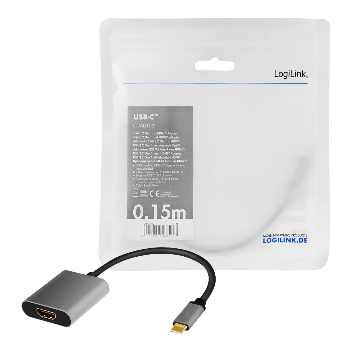 LogiLink CUA0103 - Cable Adaptador USB 3.2 Gen 1-HDMI 4K/60 Hz, Aluminio, Negro/Gris, 0,15 m