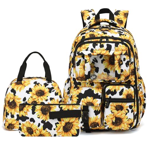 Sunflower Cow Print School Backpack for Girls, 3Pcs Kids Bookbag Set School Bags Back Pack with Lunch Box and Pencil Bag