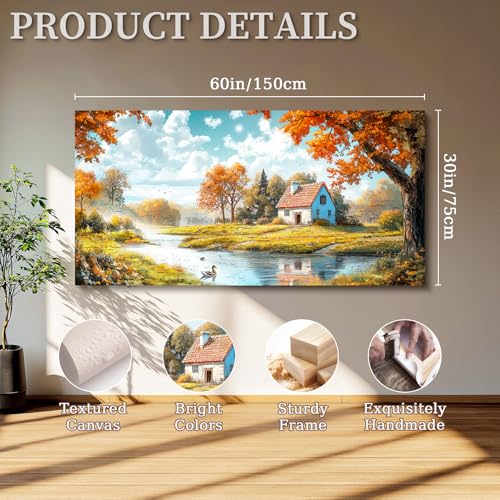 SERIMINO Fall Landscape Large Wall Art, Forest Cottage Rustic Wall Decor, Lake Duck Farmhouse Canvas Painting, Nature House Decorations Living Room Bedroom Dining Room Cottagecore Art Prints 30"X60"