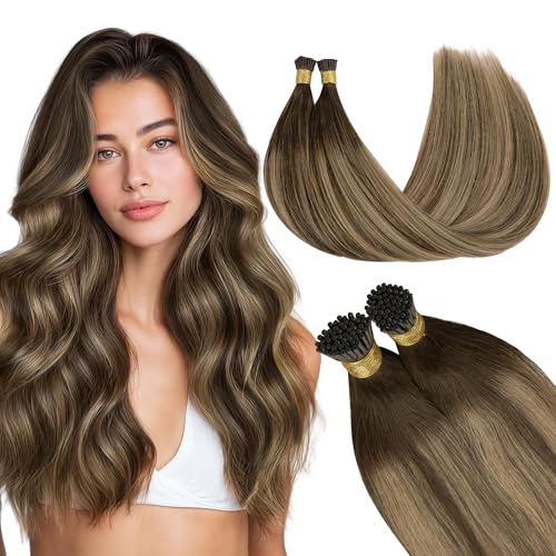GOO GOO I Tip Hair Extensions Real Human Hair, 14inch 100g 200S, Cold Fusion I Tip Hair Extensions, Invisible Remy Hair Extensions, 4/27/4 Balayage Chocolate Brown to Caramel Blonde