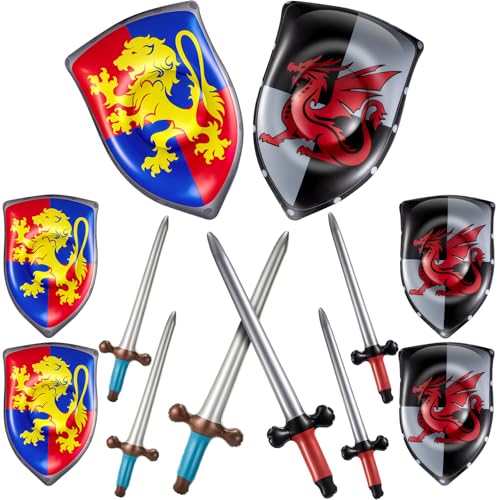 Poen 12 Pcs Inflatable Sword and Shield Knight Party Favors Set Blow up Medieval Sword Shield for Prince Party Favors Decorations Cosplay Accessories (Lion Dragon)