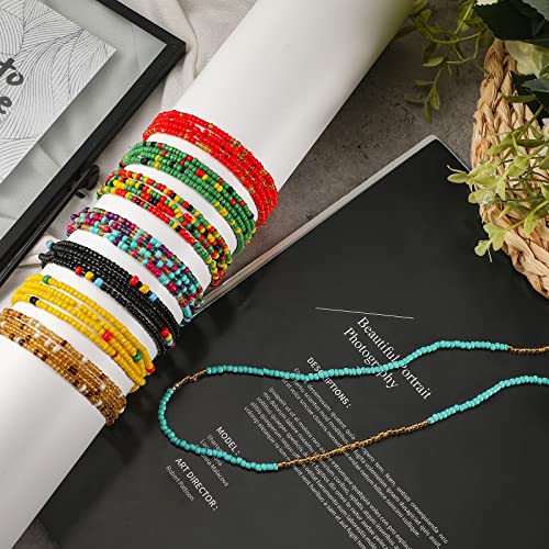 Junkin 8 Pcs Boho Handmade Beaded Anklets for Women African Multicolor Layered Stretch Seed Beaded Anklets for Women Elastic Boho Bracelets Glass Bead Elastic Foot Chain for Summer Foot Jewelry3