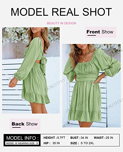 Image of Dokotoo Womens Dress Long Lantern Sleeve Square Neck Tie Backless Sexy Dress Ruffle Elastic Waist A-Line Mini Dress