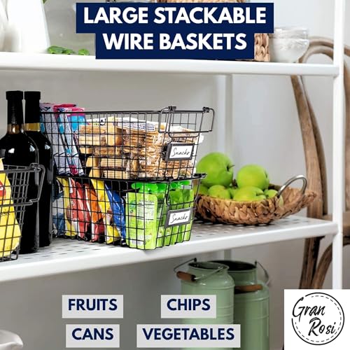 Granrosi Stackable Large Wire Baskets for Organizing — Set of 2 Snack & Chips Organizer for Pantry; Wire Storage Baskets with Handles; Large Bronze Chip Storage for Pantry