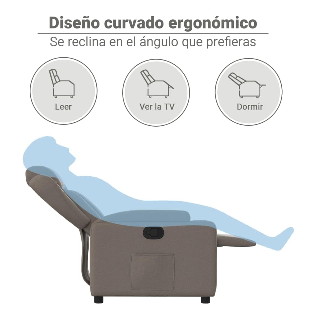 vidaXL Sillón Reclinable, Silla con Respaldo Reposabrazos, Sillón de Televisión Relax Descanso, Asiento para Salón Hogar, Tela Gris Taupe