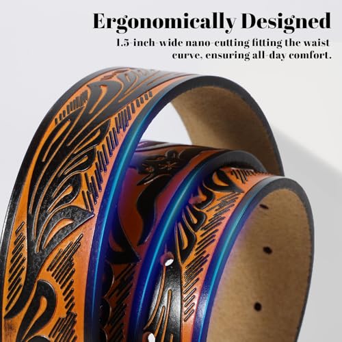 SANSTHS Cowboy Belts for Men Women, Western Leather Belt with Big Buckles Mexican Country Black Longhorn Bull Belt for Jeans