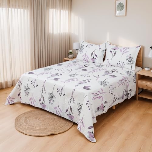 Etrexonline Colcha Bouti 250x260cm Reversible Estampada 100% Microfibra Extra Suave Colcha Cubre Cama Multiusos para Primavera y Verano Incluye 2 Fundas de Cojín, Cama 140/150/160 - Flores Lavanda